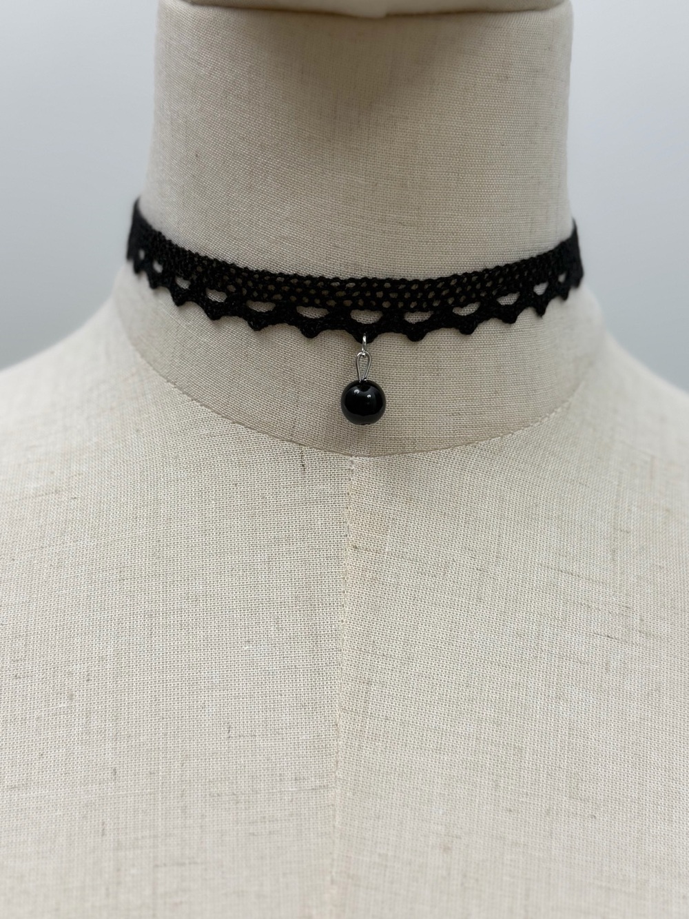 Black Lace Choker Necklace with Black Bead Pendant Gothic Adjustable